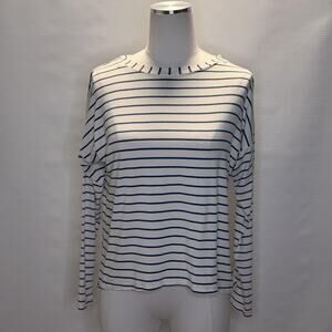 Albion Shirt Womens Medium White Navy Stripe Long Sleeve Nautical Stretch Top
